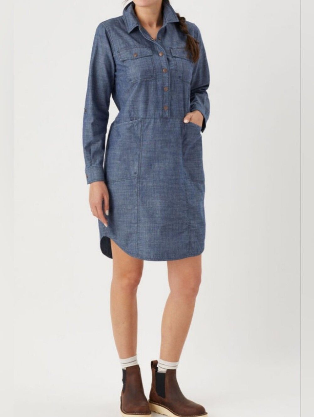Duluth Trading Rootstock Chambray Shirt Dress Size Medium Organic Cotton